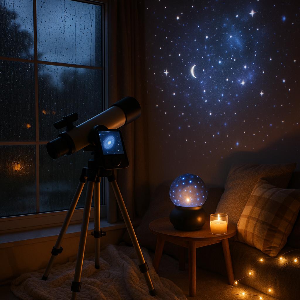 How Do You Use Loyalty Points for Stargazing When It Rains? 2 Indoor stargazing setup with digital telescope and star projector on rainy night