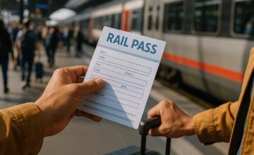 Traveler with rail pass and luggage on train platform