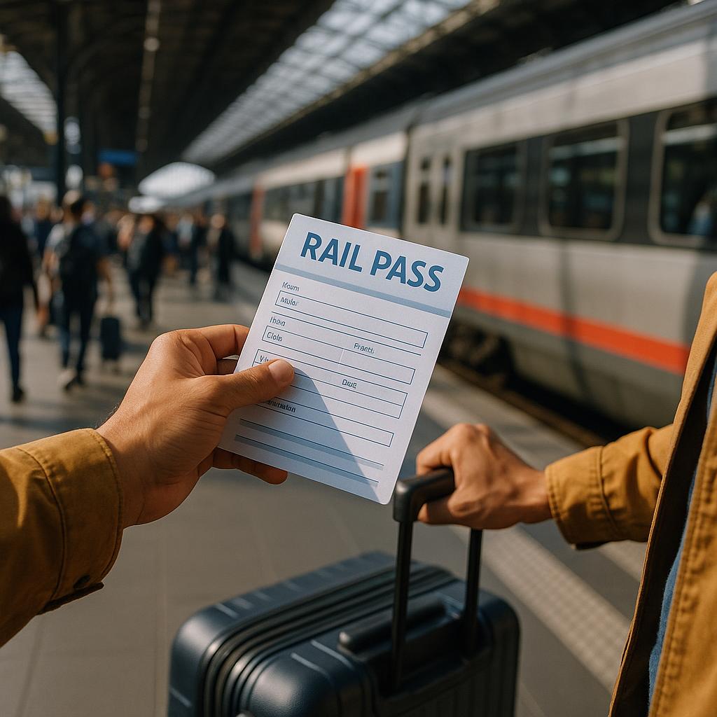 Traveler with rail pass and luggage on train platform