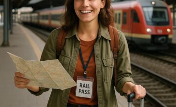 Solo traveler using rail pass at train station with map and luggage