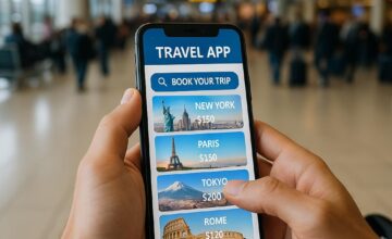 Traveler using travel app on smartphone at airport