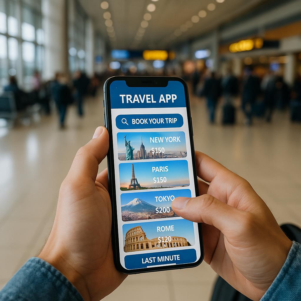 Traveler using travel app on smartphone at airport