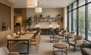 Hybrid hotel co-working area with desks and seating
