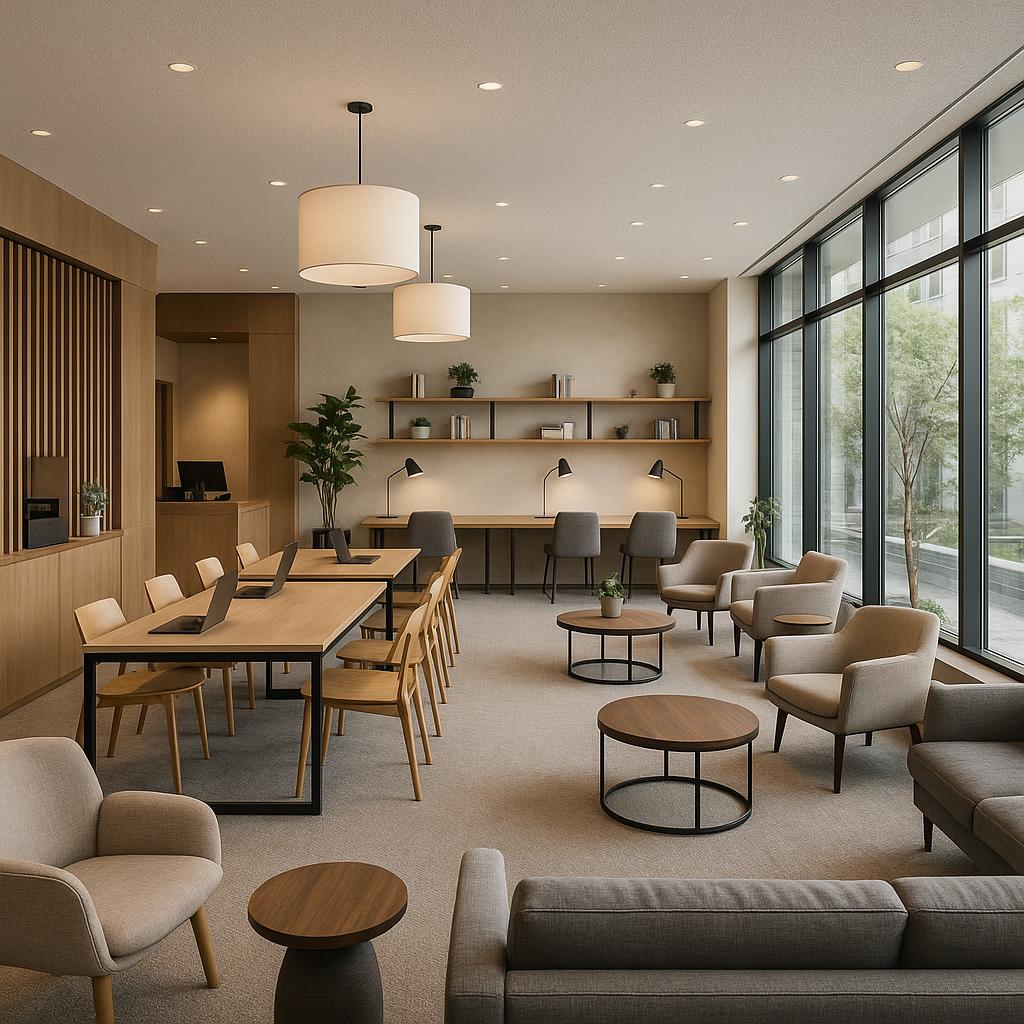 Hybrid hotel co-working area with desks and seating