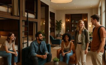 Luxury hostel interior showing private rooms and communal lounge area