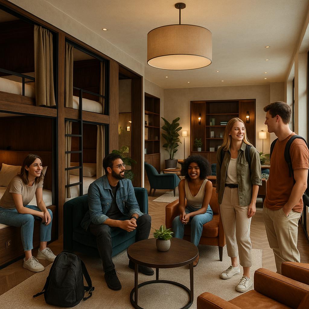 Luxury Hostels: Affordable Pampering Redefined 2 Luxury hostel interior showing private rooms and communal lounge area