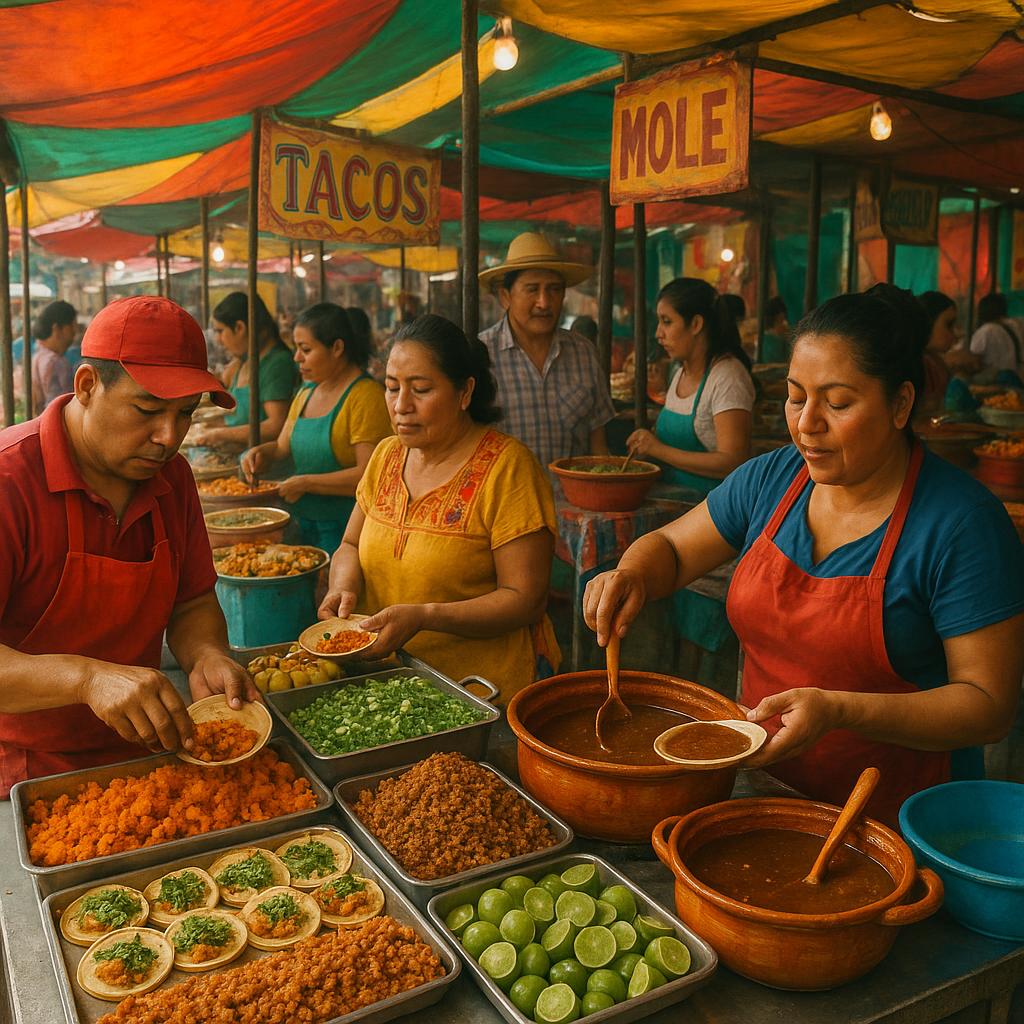 Traditional Mexican street food market with tacos and mole dishes
