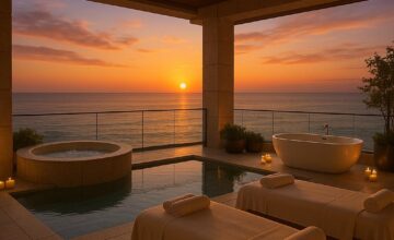 Ocean view spa retreat at sunset