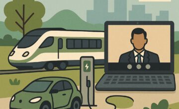 Sustainable business travel modes and virtual meeting illustration