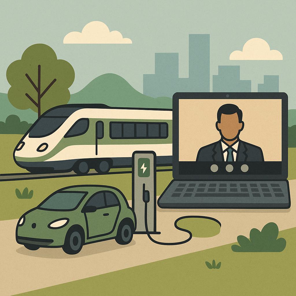 Sustainable Business Travel Trends 2026: Strategies and Innovations for the Modern Enterprise 2 Sustainable business travel modes and virtual meeting illustration
