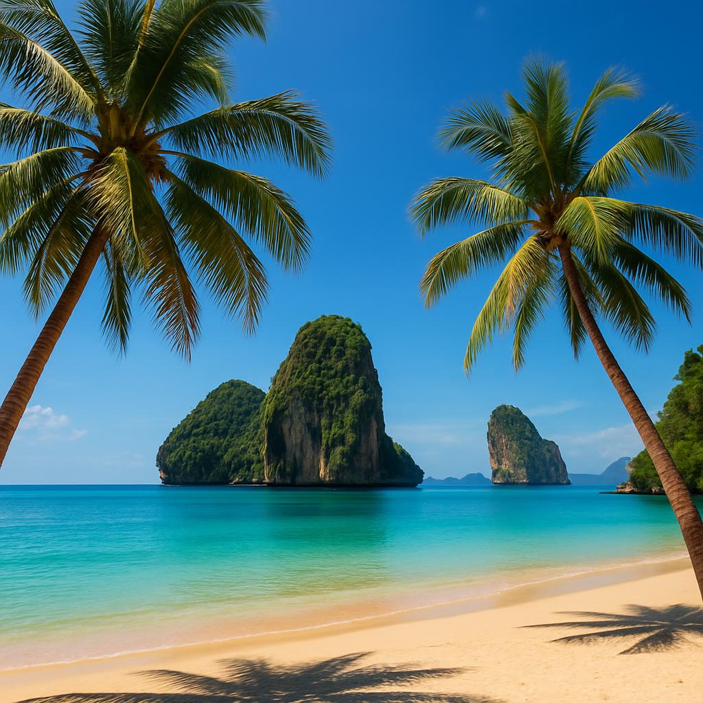 Scenic tropical beach in Thailand with palm trees and blue water