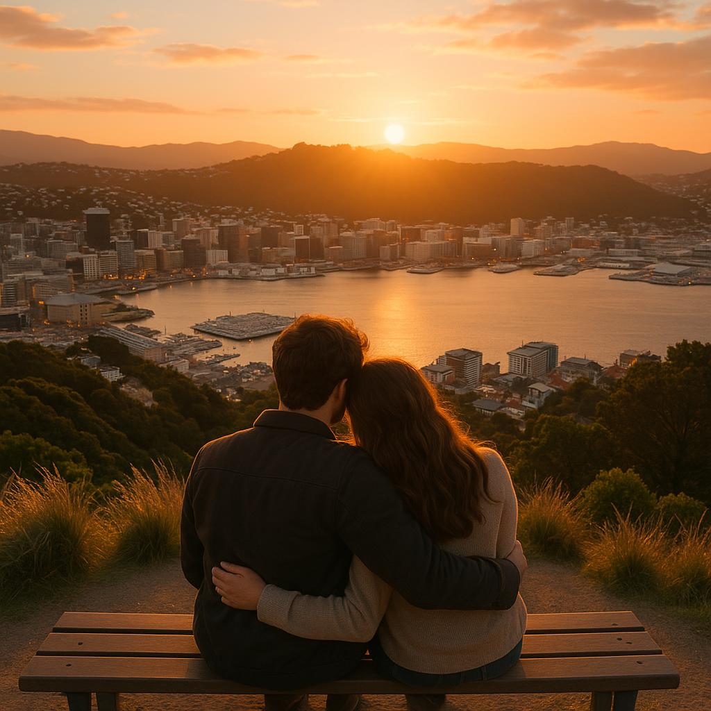 Couple watching sunset over Wellington city from Mount Victoria Lookout