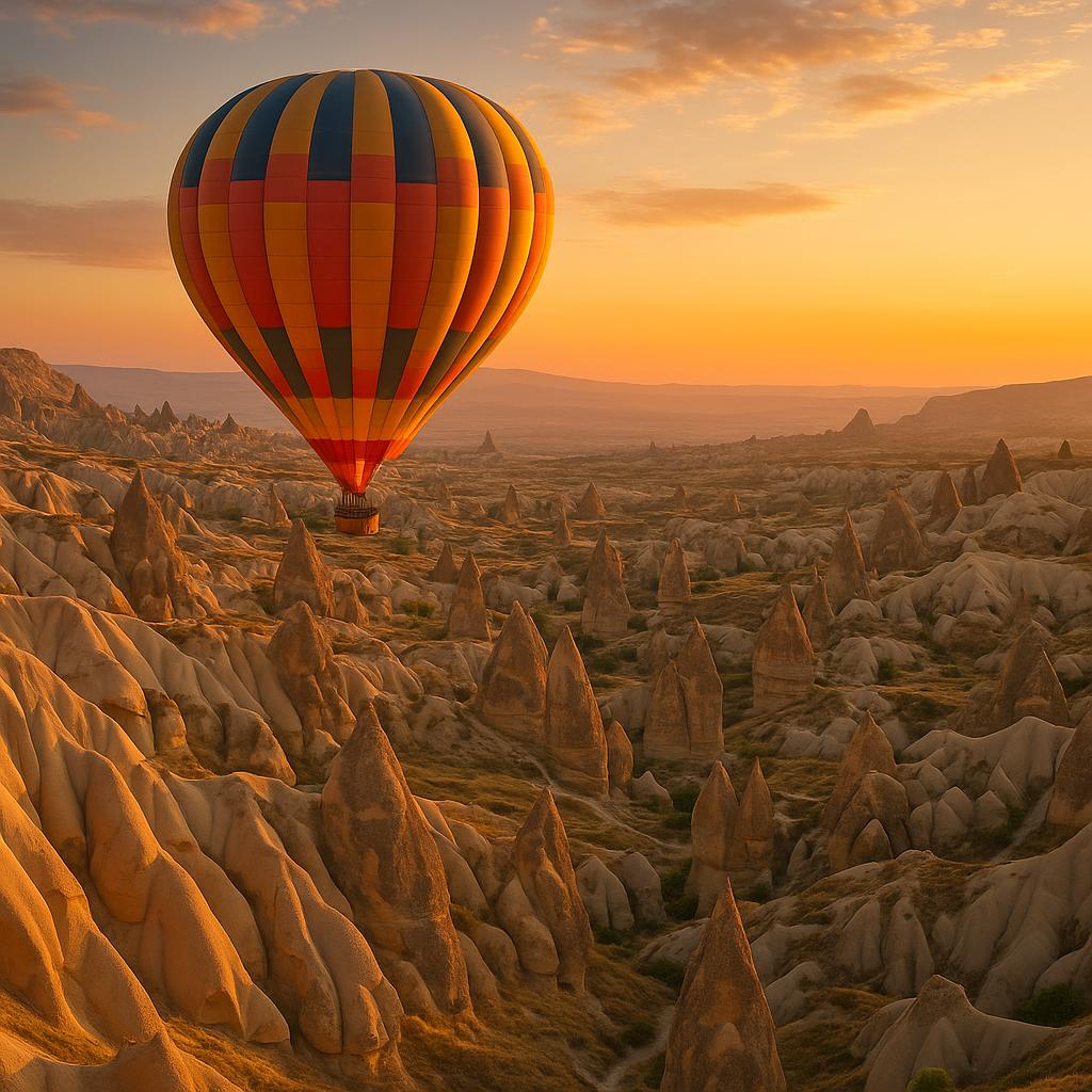 Hot air balloon over Cappadocia rock formations at sunrise