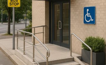 Accessible hotel entrance with wheelchair ramp beside public transit stop