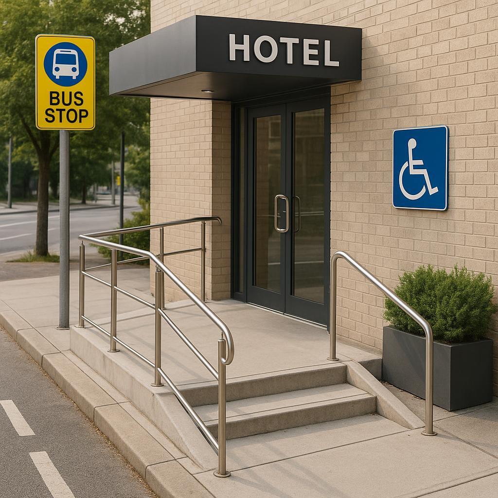 What Are the Best Accessible Hotels Near Public Transport? 2 Accessible hotel entrance with wheelchair ramp beside public transit stop