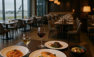 Elegant airport hotel restaurant with diverse gourmet dishes