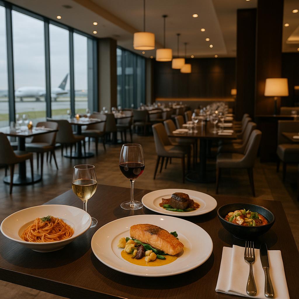 Elegant airport hotel restaurant with diverse gourmet dishes