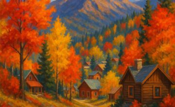 Autumn foliage in a mountain town with trails and cabins