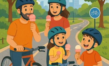 Family cycling with kids on urban bike trail and enjoying ice cream
