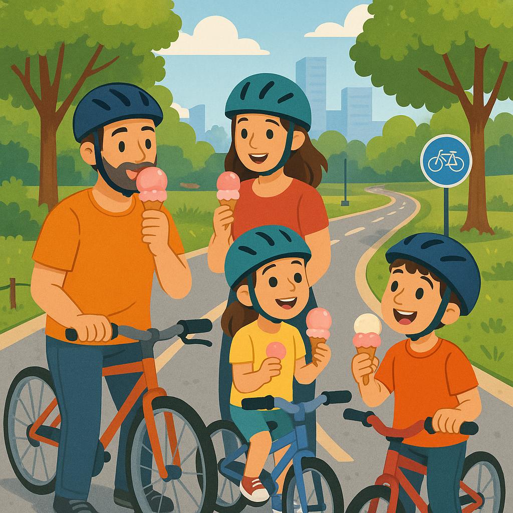 Family cycling with kids on urban bike trail and enjoying ice cream
