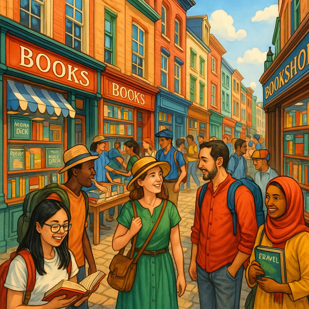 What Are the Best Bookshop-to-Bookshop Crawls Without Speaking the Language? 2 Bookshop street with multilinguistic signage and browsing visitors