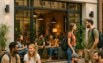 Boutique hostel lounge with solo travelers socializing