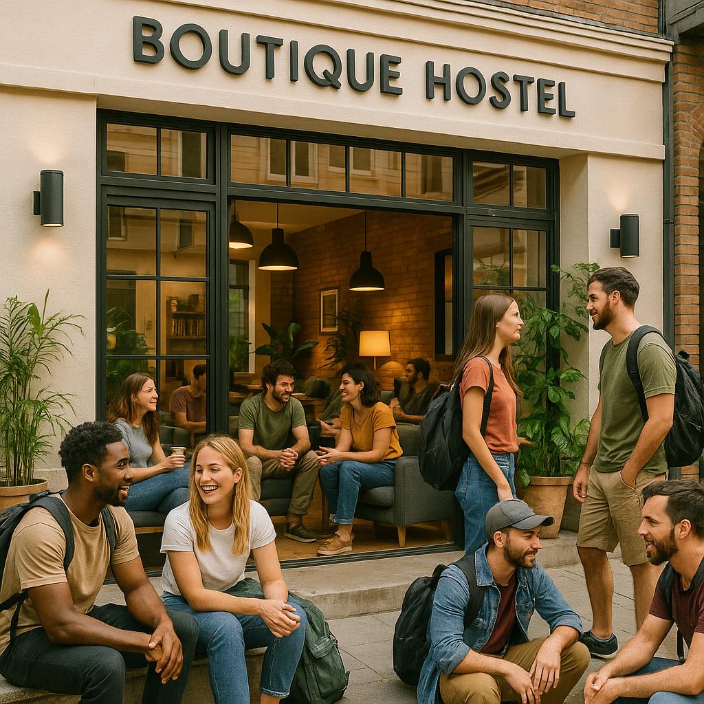 Boutique hostel lounge with solo travelers socializing