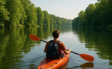 Solo traveler kayaking on a peaceful lake surrounded by greenery