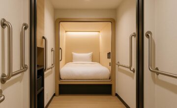 Accessible capsule hotel room with wide entry, grab bars