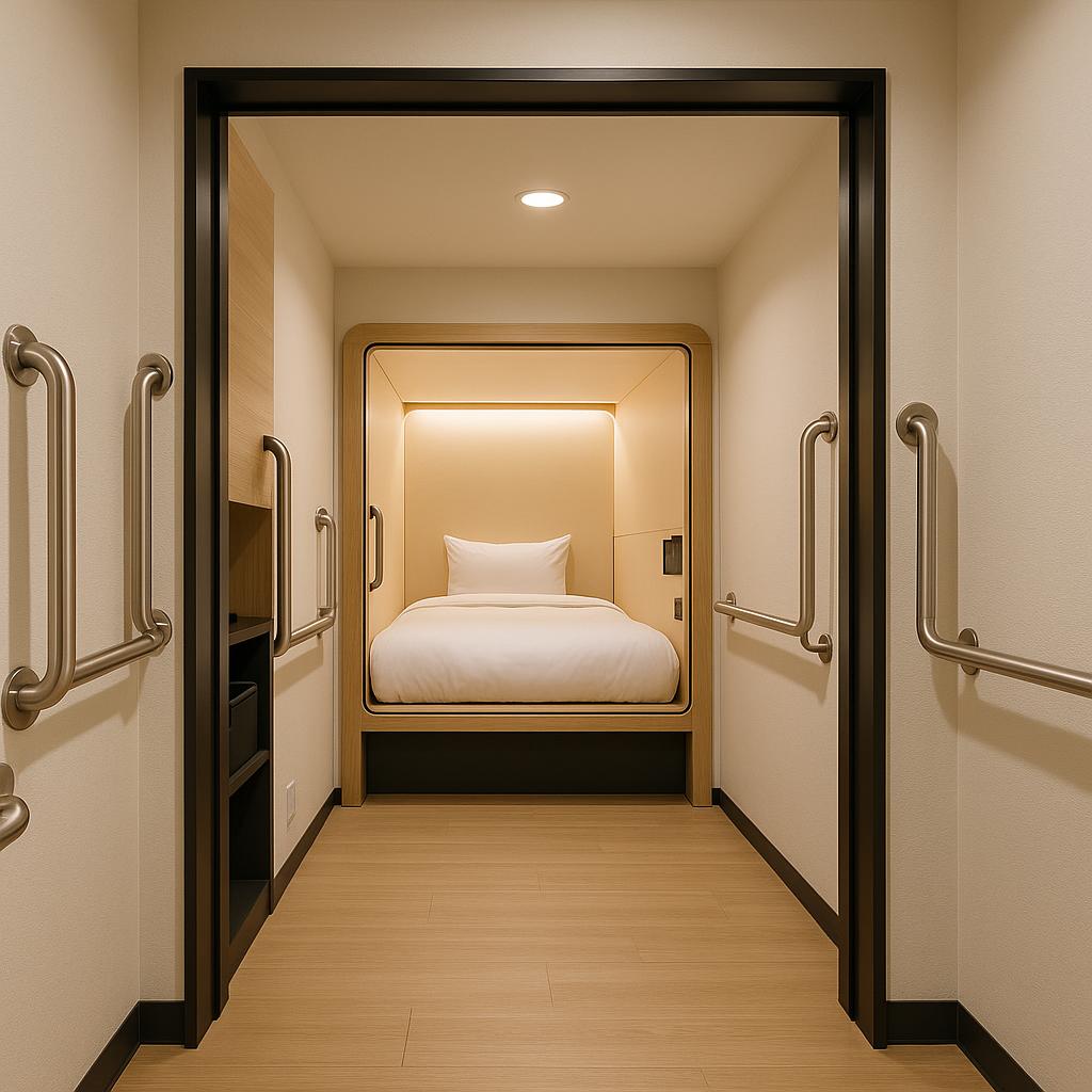 What Are the Best Capsule Hotels for Accessibility Needs? 2 Accessible capsule hotel room with wide entry, grab bars