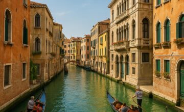 View of Venice canals with gondolas
