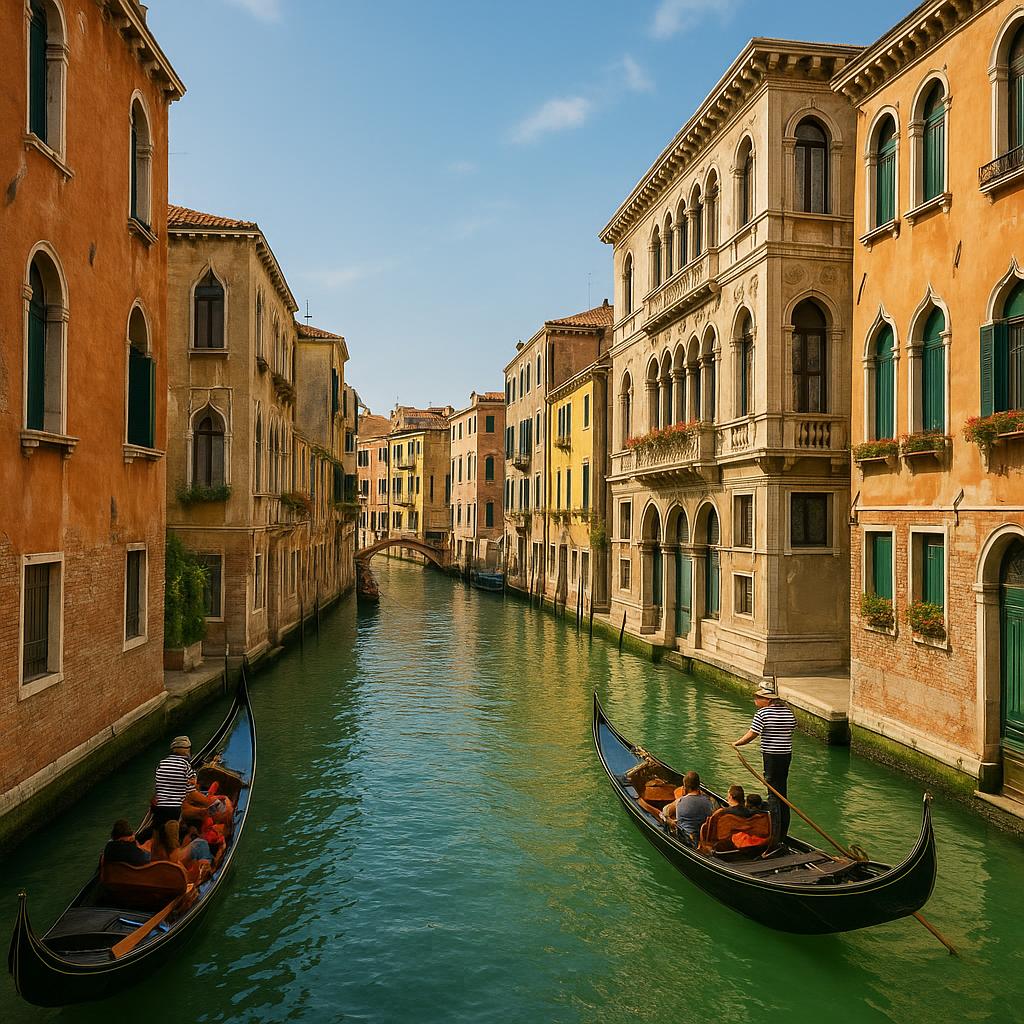 View of Venice canals with gondolas
