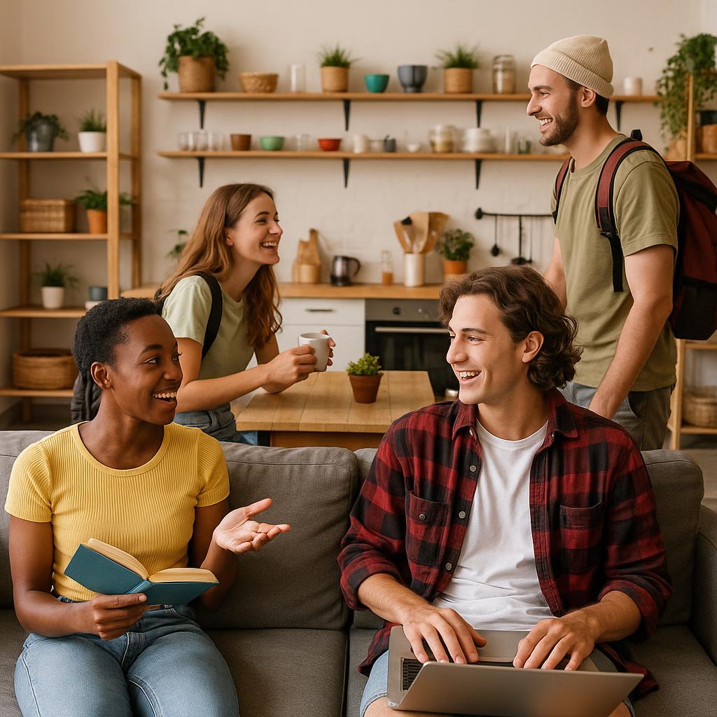 Co-living communal area with budget travelers