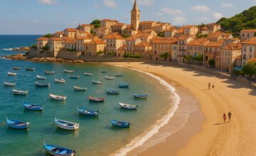 Charming coastal town with sandy beaches and boats