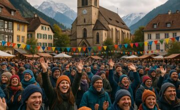Festival attendees at a cool-climate town with snow or alpine backdrop