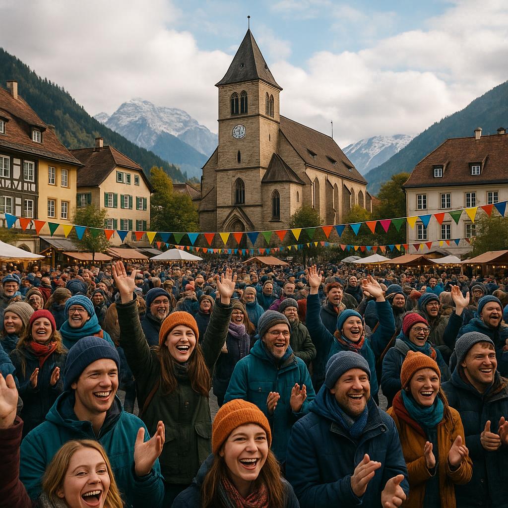 Festival attendees at a cool-climate town with snow or alpine backdrop