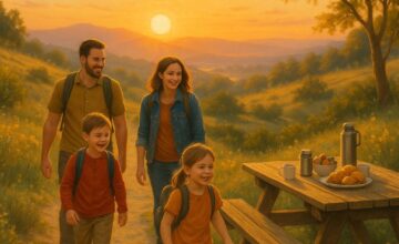 Family hiking at sunrise with children on easy trail and breakfast cafe