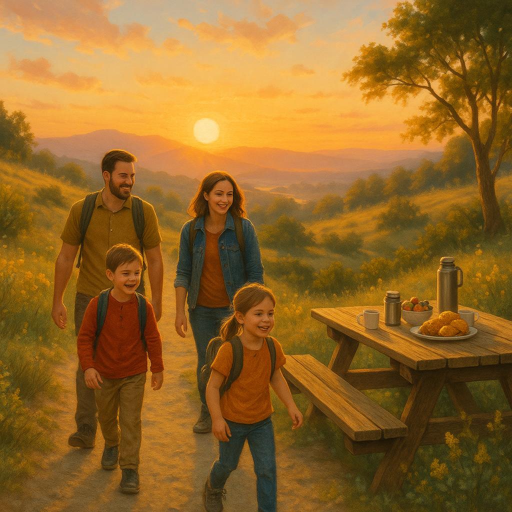 Family hiking at sunrise with children on easy trail and breakfast cafe