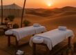 Spa treatment setup in a desert camp at sunset