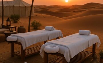 Spa treatment setup in a desert camp at sunset