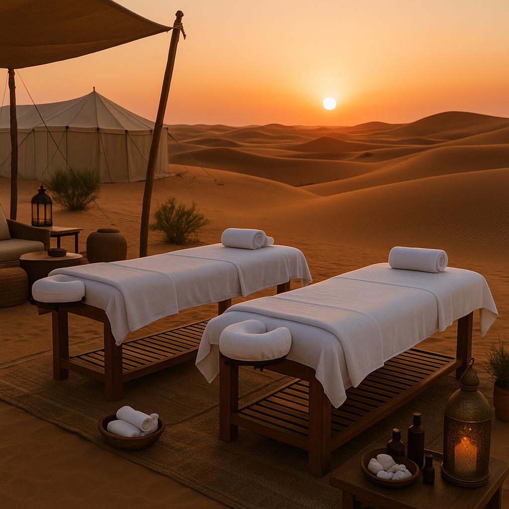 What Are the Best Desert Camps with Spa Access? 2 Spa treatment setup in a desert camp at sunset