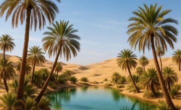 A lush desert oasis with palm trees and a water pool amid golden sand dunes