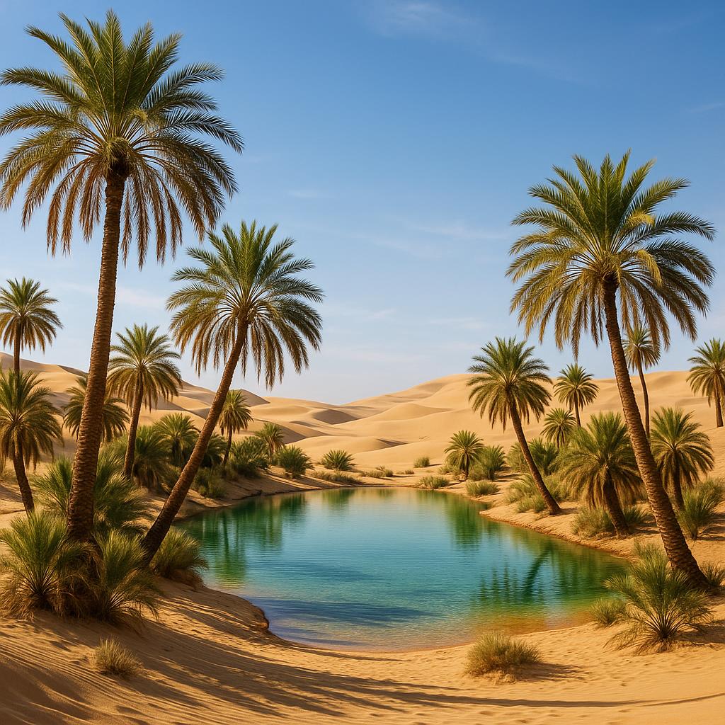 A lush desert oasis with palm trees and a water pool amid golden sand dunes