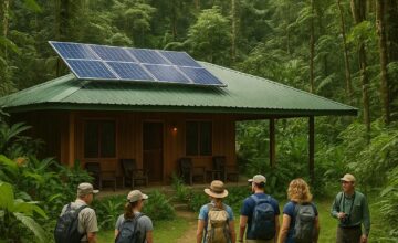 Group exploring a small eco-lodge in rainforest with solar panels