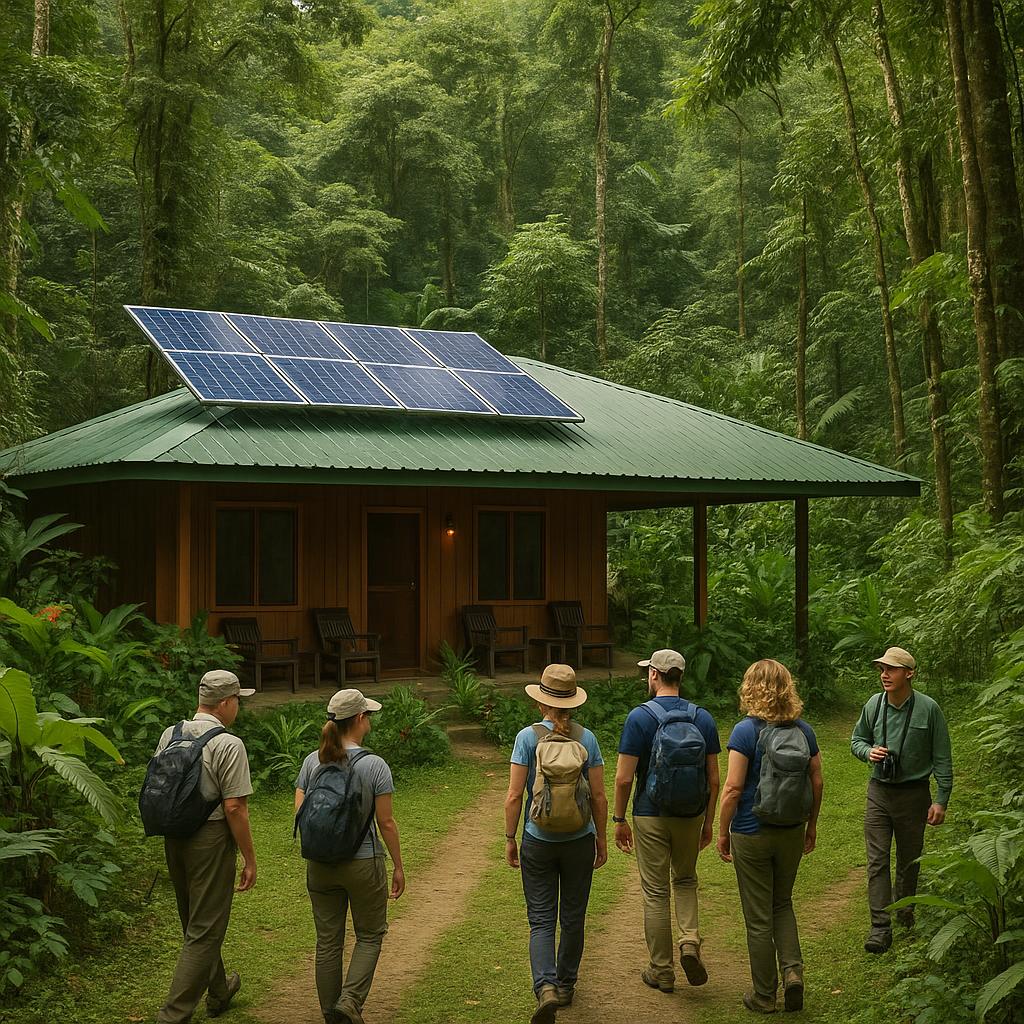 Group exploring a small eco-lodge in rainforest with solar panels