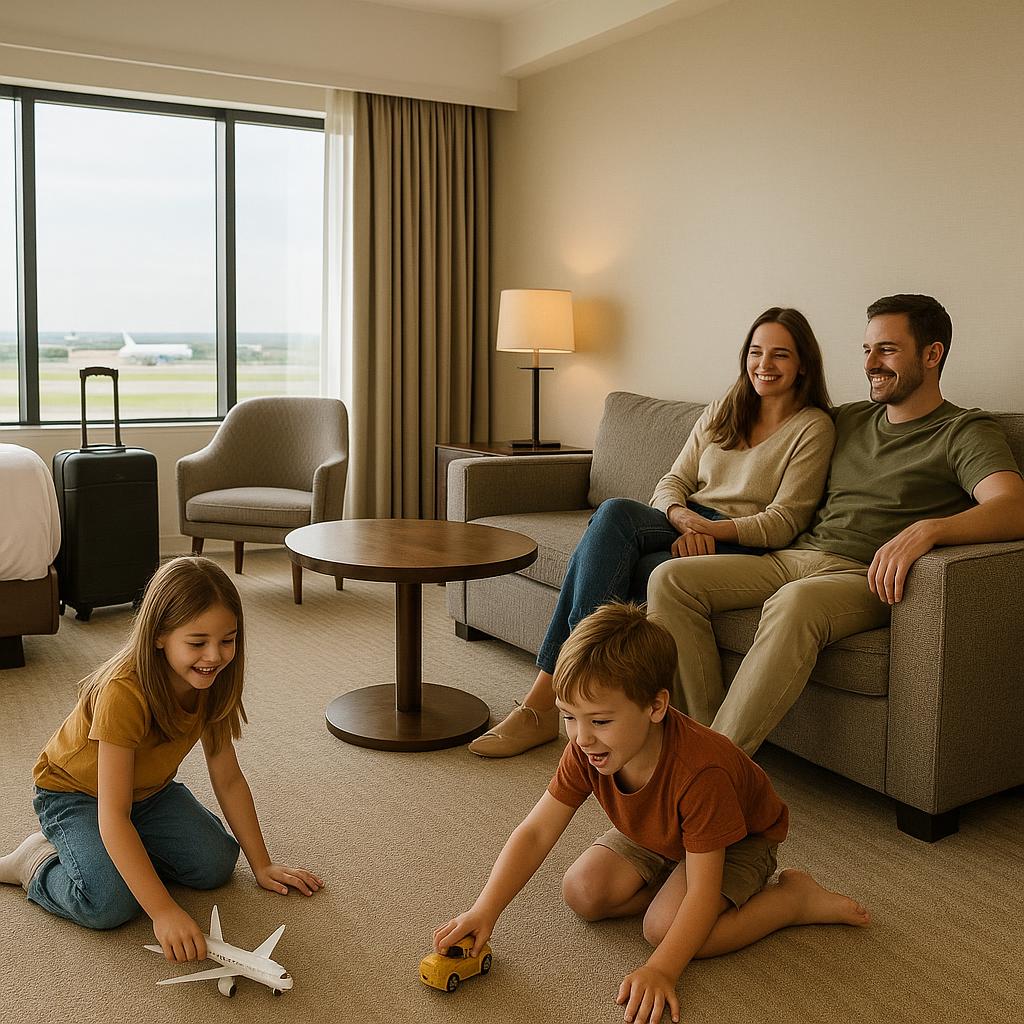 What Are the Best Family Suites for One-Night Layovers? 2 Family enjoying a spacious hotel suite