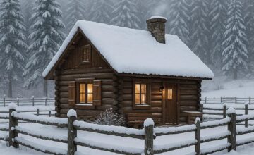 Cozy snowy farm cabin at winter