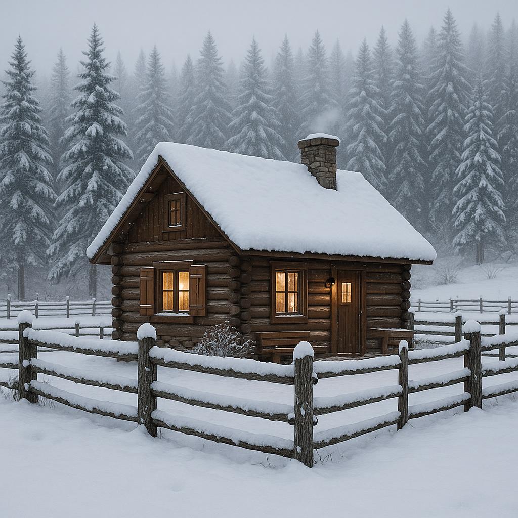 Cozy snowy farm cabin at winter