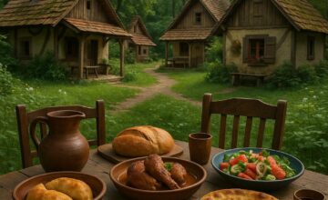 Rustic dining in a forest village surrounded by trees