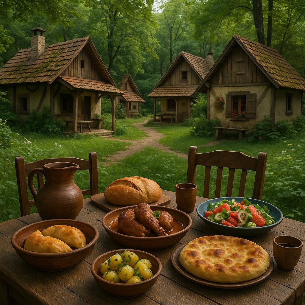 Rustic dining in a forest village surrounded by trees